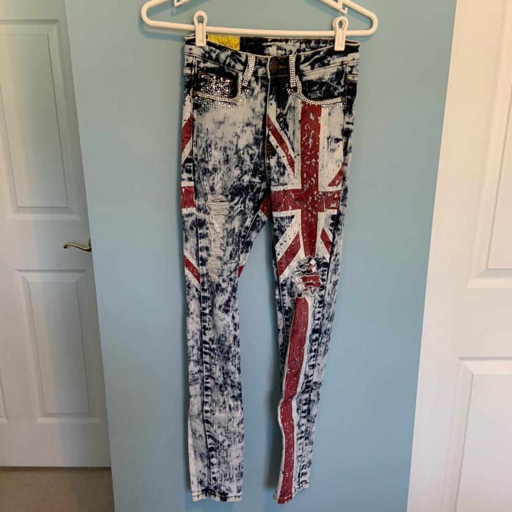 Machine punk rock acid wash bling Union Jack jeans